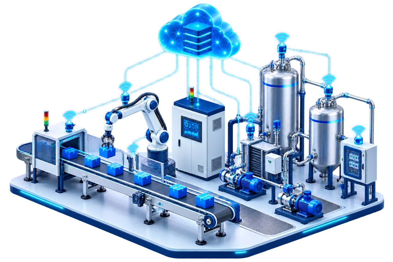 Celda industrial con automatización, sensores y nube conectada