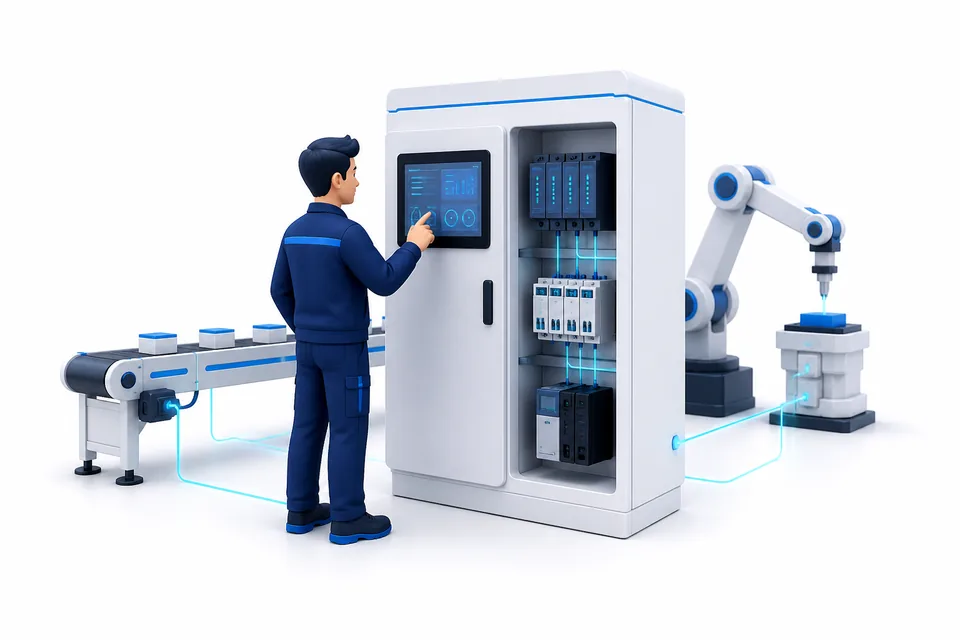 Especialista operando un panel de automatización industrial