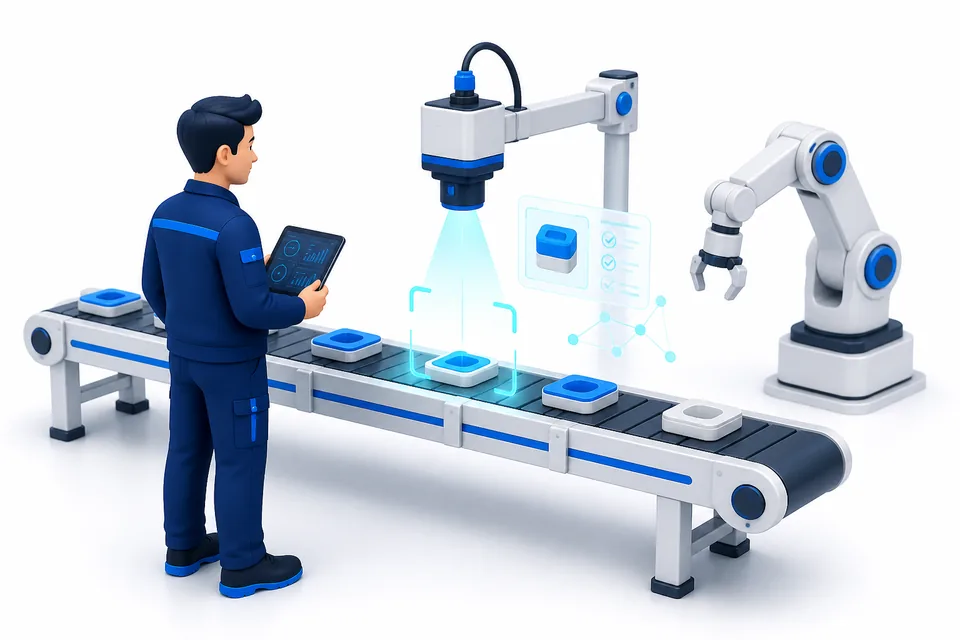 Sistema de visión artificial inspeccionando productos en una línea industrial