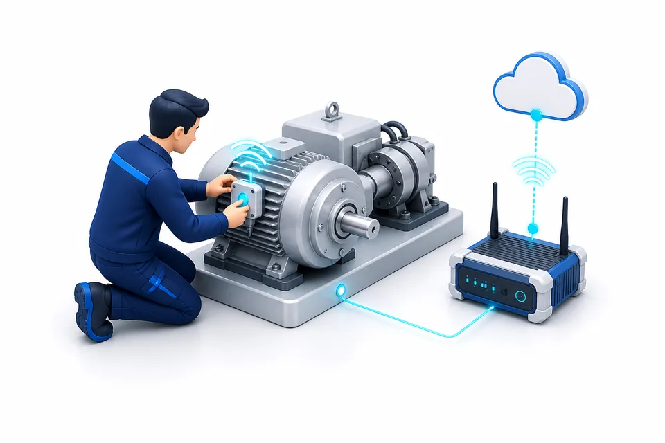 Especialista instalando un sensor industrial conectado a un gateway IIoT
